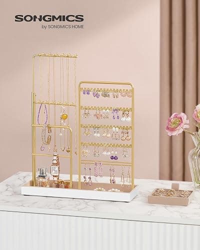SONGMICS Jewelry Holder, Jewelry Storage Organizer Stand with Metal Frame, Velvet Tray, 12.1 to 18.7 Inches Tall Height Adjustable Necklace Holder, for Rings, Earrings, Pale Gold UJJS026A01 thumbnail 3