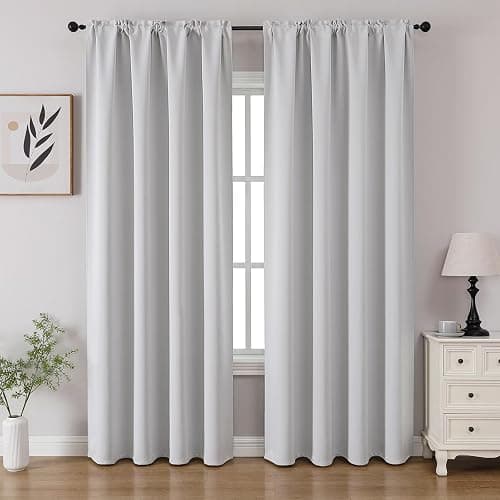 CUCRAF Grayish White Blackout Curtains 84 inch Length 2 Panels Set, Rod Pocket Room Darkening Drapes for Bedroom Living Room, Insulated Thermal Light Blocking Window Curtain (W52 x L84 Inch) - Image 1