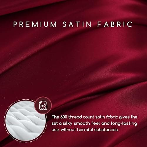MR&HM Satin Bed Sheets, Queen Size Sheets Set, 4 Pcs Silky Bedding Set with 15 Inches Deep Pocket for Mattress (Queen, Burgundy) thumbnail 3