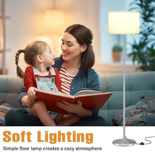 Ambimall 60'' Modern Floor Lamp with Shade, Tall Lamps for Living Room, Bedroom, Office, Dining Room, White Shade with Silver Pole(Without Bulb) thumbnail 4