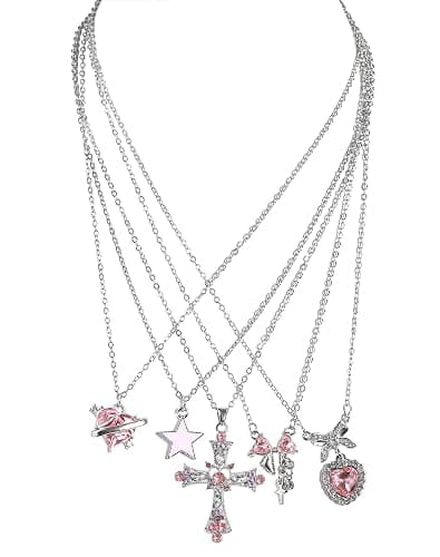 LIRUNQIN 5PCS Gyaru Y2K Necklace Set - Gothic Cross, Pink Indie Jewelry, McBling Aesthetic Accessories for Women, Scene, and 2000s Style - Image 1
