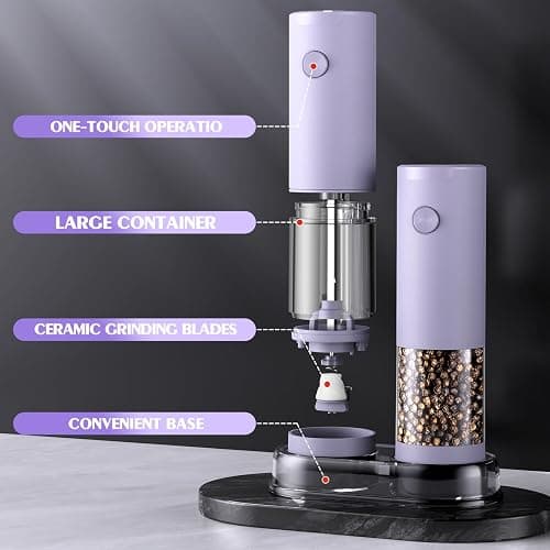 Salt and Pepper Grinder Set Christmas Gifts for Women Automatic Battery Purple Pepper Mill Shakers Kitchen Accessories Cooking for Mom, Adjustable Coarseness Salt Pepper Shakers White Elephant Gift thumbnail 7