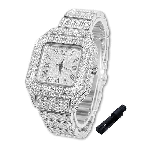 Halukakah Diamonds Watch Iced Out for Boy Teens Kids - 18K Real Gold/Platinum/Rhodium Black Plated,40mm Square Dial,Japanese Quartz - 8" Length - Optional with Cuban Link Chain,with Adjuster Tool - Image 1