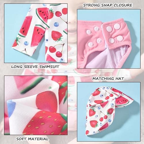 HINTINA Newborn Baby Girl Long Sleeve 2-Pieces Swimsuit Bathing Suit with Hat thumbnail 5