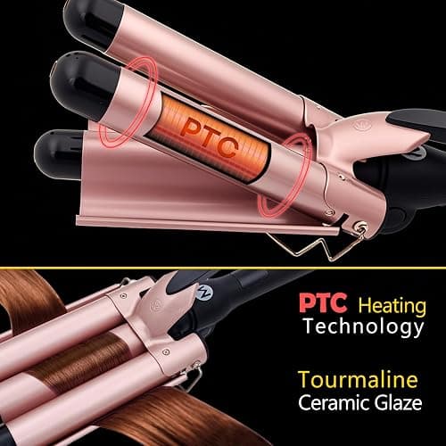 Mistcado 3 Barrel Curling Iron, 1 Inch Ceramic Tourmaline Hair Waver Wand with LCD Temperature Display, Fast Heating Foldable Crimpers for Travel Glove Included (Gold) thumbnail 2