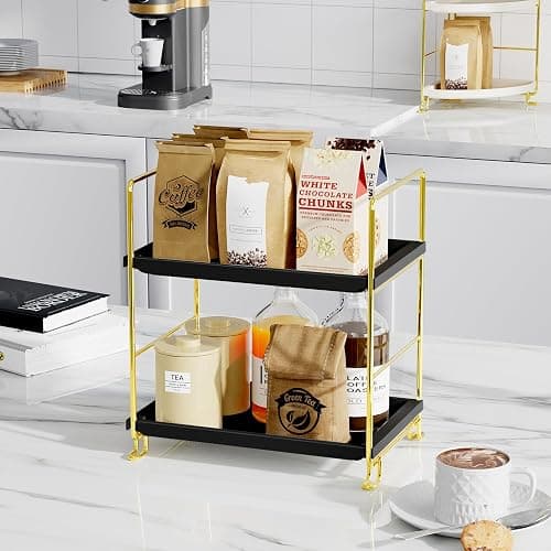 FSyueyun 2-Tier Bathroom Countertop Organizer, Tool-Less Installation Premium Plastics Makeup Shelf Organizer Perfume Skincare for Dresser Vanity Tray Organizers and Storage (Gold & Black) thumbnail 5