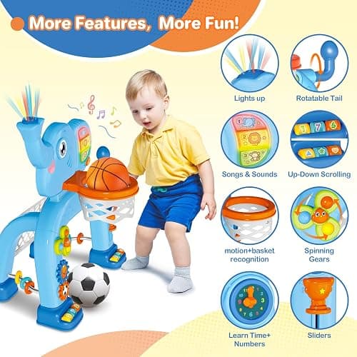 SpringFlower Toddler Basketball Hoop & Soccer Goal Activity Center Toys with Light & Music,Elephant Toddlers Musical Toys Gift, Baby & Toddlers Christmas Birthday Gift for 1 2 3 Year Old Boys & Girls - Blue thumbnail 4