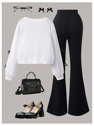 Verdusa Girl's 2 Piece Cute Outfits Bow Button Down Cardigan Sweater and Flare Leggings Sets - Image 1