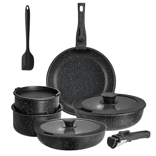 Sweetcrispy 12-Piece Granite Nonstick Pots and Pans Set, Black | Detachable Handle, Stackable, Space-Saving, Dishwasher & Oven Safe, Induction Ready, RV & Condo Kitchen, New Home Cookware - Image 1