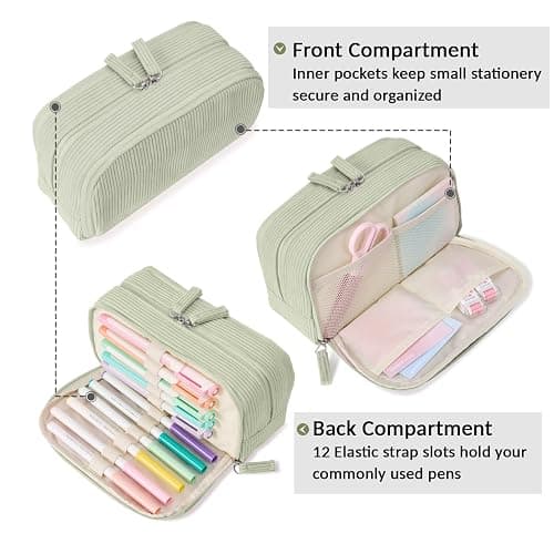 Sooez Big Capacity Pencil Case Pen Pouch, Soft Corduroy Pencil Bag with 3 Compartment, Multiple Pockets, Sturdy Zipper, Cute School Supplies Pen Bag Organizer For Teen Girls College, Green thumbnail 5