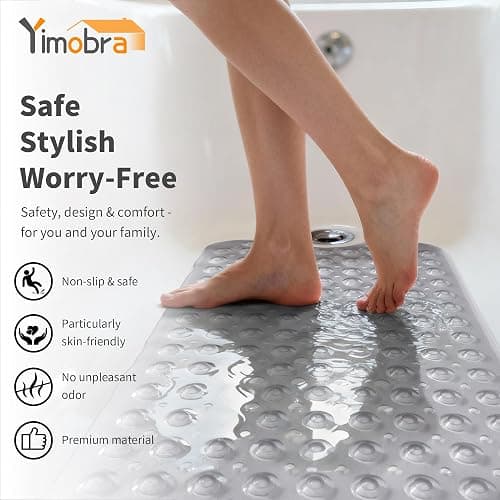 Yimobra Non Slip Bathtub Mat 40"x16", Super Strong Suction Cups, Extra Long Shower Mat with Drain Holes, Machine Washable Fast Draining Bathroom Floor Mat, Clear Grey thumbnail 5