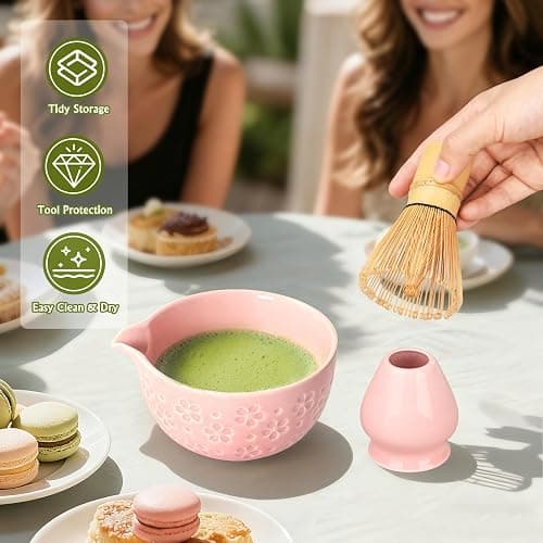 Matcha Whisk Tea Set Kit: Japanese Matcha Kit - Ceramic Bowl Bamboo Whisk Chasen Holder spoon Measuring Scoop Sifter - Traditional Practical for Tea Ceremony Breakfast Lattes - Home Kitchen Christmas thumbnail 6
