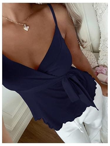 SOLY HUX Women's Babydoll Tops Sleeveless V Neck Peplum Crop Wrap Top Cute Summer Tie Front Camisole thumbnail 2