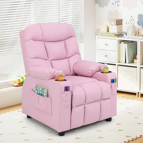 Costzon Kids Recliner Chair with Cup Holder, Adjustable Lounge Chair w/Footrest & Side Pockets for Children Boys Girls Room, Ergonomic Toddler Furniture Sofa, Kids Recliner (Pink) - Pink - 26” x 28” x 34” (L x W x H) thumbnail 2