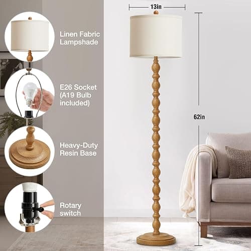 Luvkczc 62" Rustic Floor Lamp with Adjustable Color Temperatures, Retro Farmhouse Standing Lamp for Living Room, Bedroom, Corner, Dining Room - Rotary Switch Resin Floor Lamps for Home (Brown) thumbnail 2