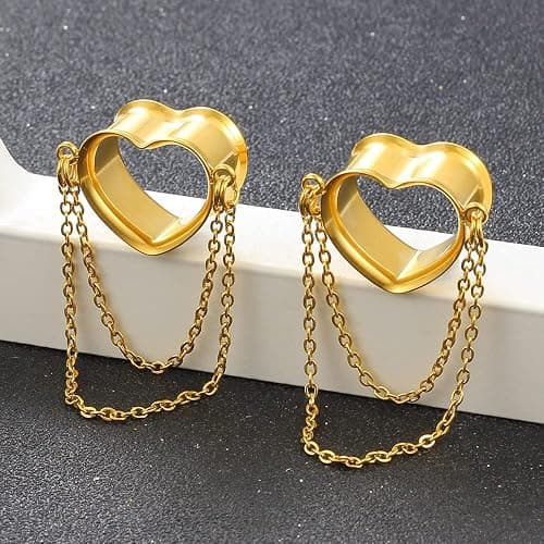 Earblity 2PCS Women Dangle Earrings 6mm-25mm,(2G-1inch) Heart Double Chain Earrings Ear Tunnels hangers for stretched,Hypoallergenic Body Piercing Jewelry thumbnail 3