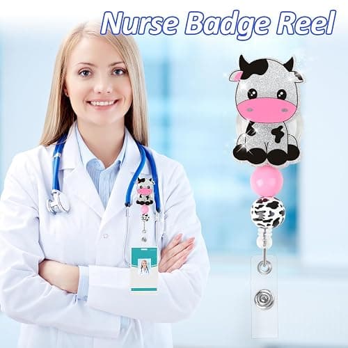 LLMSIX Cow Badge Reel Retractable, Cute Bling Cow ID Clip Badge Reels for Nurse Name ID Badge Holders with Alligator for Doctor Student Teacher Hospital School Office (Up to 25inch) thumbnail 6
