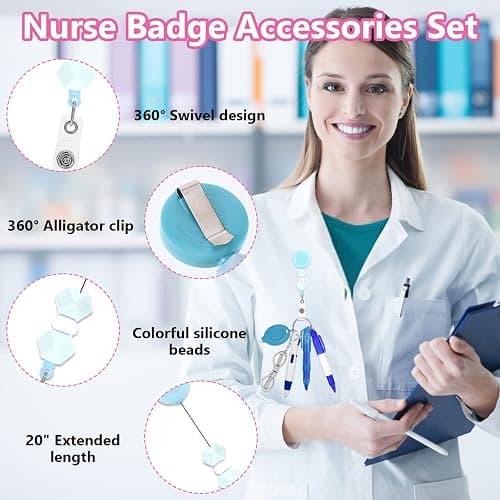 6 Pcs Nurse Pen Set, Nurse Badge Accessories, Retractable Badge Reel Clip with Mini LED Light Folding Scissors Highlighter Marker Multicolor Pen, Nursing Work Essentials Gift for Nurses Doctors Blue thumbnail 4