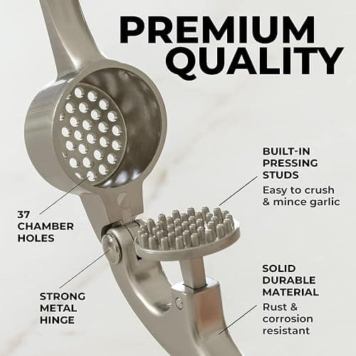 Zulay Kitchen Premium Garlic Press Set - Rust Proof Professional Garlic Mincer Tool - Easy-Squeeze, Easy-Clean with Soft, Ergonomic Handle - Silicone Garlic Peeler & Brush (Silver) thumbnail 4