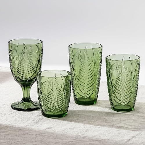 Green Drinking Glasses Set Of 4-12 Oz Hand Blown Vintage Drinking Glasses, Boho Aesthetic Antique Glassware, Colored Cute Glass Cups, Textured Highball Water Tumbler, Unique Retro Drinkware Gift thumbnail 7