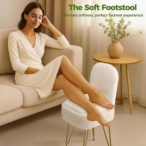 Greenstell Vanity Stool Chair with Storage and Folding Back, 13.4" L x15 W x 30.0" H Square Soft Ottoman, 4 Metal Legs with Anti-Slip Feet, Furry Padded Seat for Makeup, Bedroom, White thumbnail 8
