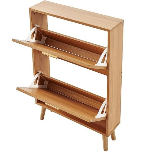 VEVOR Shoe Cabinet with 2 Flip Drawers, Shoe Storage Cabinet for Entryway, Free Standing Shoe Storage Organizer with Rattan Doors for Heels, Boots, Slippers in Hallway, Living Room - 23.62"D x 6.61"W x 34.53"H thumbnail 9