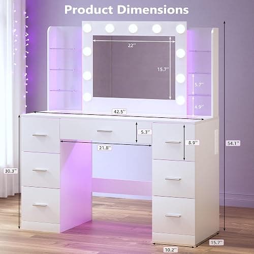 HUAHUU Vanity Desk with Mirror and Hollywood Lights, Makeup Vanity 6 Backlit Open Shelves with Frosted Panel & RGB Light, Transparent Top, Power Outlet, 7 Drawers & Storage Organizer for Bedroom thumbnail 2