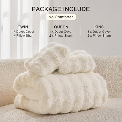EMME Faux Fur Duvet Cover King Size, 3 Pieces Ultra Soft Fluffy Comforter Cover, Cozy Warm for Winter, Luxury Elegant Shaggy Bubble Design Bedding, 1 Duvet Cover & 2 Pillow Shams (King, Cream White) thumbnail 8