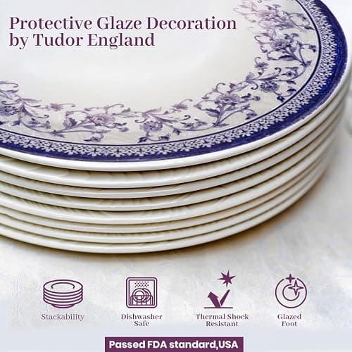 Tudor Royal 12-Piece Round Porcelain Dinnerware Set, Service for 4 - Aster BlueDesign, Multicolor Floral, Plates Bowls Mugs Dishes, Premium Quality Tableware, Unique Pattern, Glossy thumbnail 7