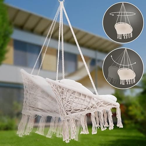 DETEX® Boho Style Hanging Circular Chair | 60cm Diameter Round Seat 150kg Capacity with 2 Cushions | Weatherproof 360° Swing Seat Galvanised Steel Cotton Indoor Outdoor | Cream thumbnail 6