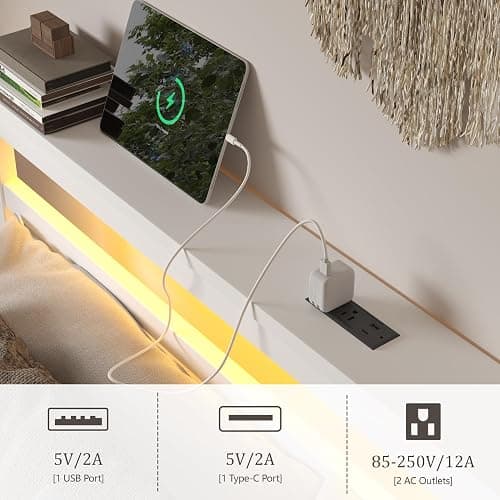 HAY.com Full Size Bed Frame with LED Light & Charging Station, Metal Platform Bed with Storage Headboard & Under-Bed Storage, Heavy Duty Slats Support, No Box Spring Needed, Noise-Free, White thumbnail 5