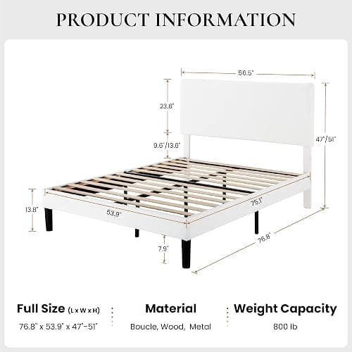 SHA CERLIN Boucle Upholstered Full Size Bed Frame, White | Platform Bed with Adjustable Headboard, Wooden Slats Support, No Box Spring Needed, Noise-Free, Easy to Assemble thumbnail 2