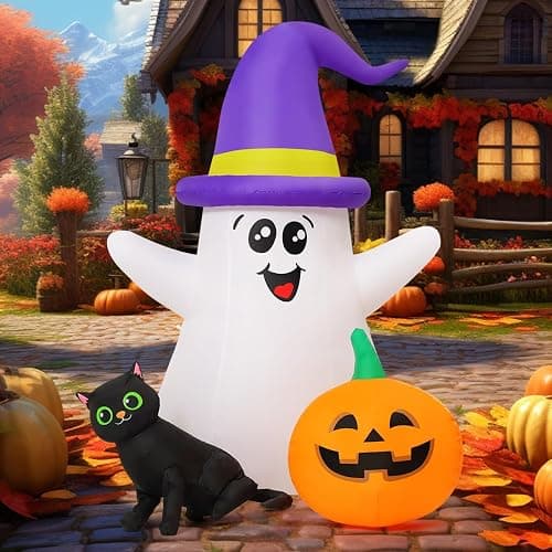 GOOSH 5 FT Halloween Inflatables Ghost Outdoor Decorations Blow Up Yard Cute Wizard Ghost with Black Cat Pumpkin with Built-in LEDs for Garden Lawn Indoor Party Decor thumbnail 3