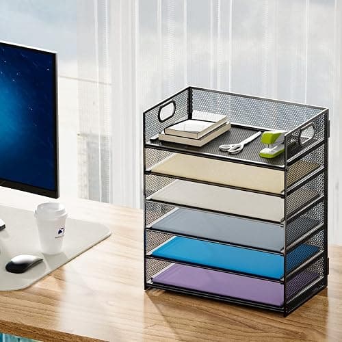 Marbrasse 6 Tier Paper Organizer Letter Tray - Mesh Desk File Organizer with Handle, Paper Sorter Organizer for Letter/A4 Office File Folder Holder - Black thumbnail 2