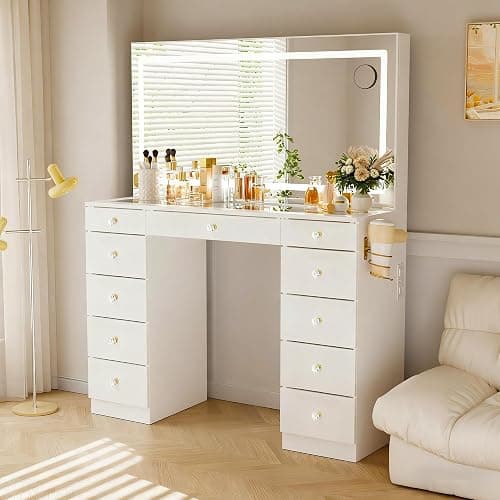 Pamapic Glass Top Vanity Desk with Crystal Handles and 11 Drawers, Makeup Vanity with Mirror and Lights, 3 Lighting Modes Dressing Table, Power Outlet, Silent Slides, White thumbnail 5