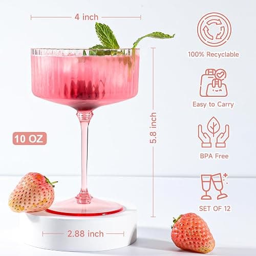 XUWAIDSGN 12 Pcs Champagne Martini Glasses 9 Oz with Gilded Removable Gold Rim Coupe Glasses Pink Martini Glasses Plastic Mimosa Vintage Coupe Glasses Set For Wedding Anniversary (12, Ribbed Pink) thumbnail 2