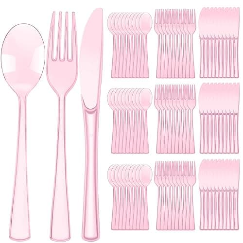 150 Pieces Disposable Cutlery Set Plastic Silverware Heavy Duty Utensil Sets 50 Forks 50 Knives 50 Spoons for Home Office School Party Picnics Restaurant Outdoor Events or Every Day Use (Pink) - Pink - Image 1