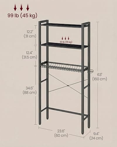 VASAGLE Over the Toilet Storage, Over Toilet Bathroom Organizer with Adjustable Shelves and Basket, 3 Hooks, Space Saving, 9.4 x 23.6 x 63 Inches, Ebony Black UBTS113BE01S thumbnail 2