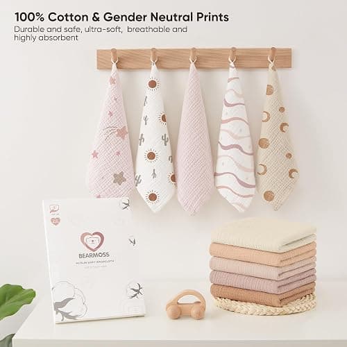 bearmoss Muslin Squares Cloths 100% Cotton Baby Burp Cloth 25x25CM Large Ultra-Absorbent Burp Cloth Soft Baby Face Towel for Newborn Baby Boy and Girl, 10Pack (Dreamland) thumbnail 6
