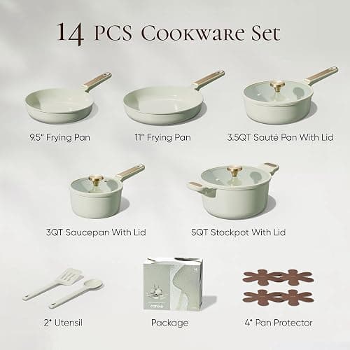 CAROTE Ceramic Cookware Set Nonstick, 14pcs Pots and Pans Set Nonstick, Non-Toxic & PFAS-Free, Dishwasher, RV/Camping Cookware Set, Cooking Pots with Lids, Sage Green thumbnail 3
