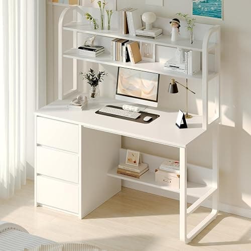 MaverickFurni White Desk with Hutch, 60 Inch Computer Desk with 3 Drawers for Bedroom, Study Writing Desk with Shelves for Small Places, Adjustable Feet thumbnail 9