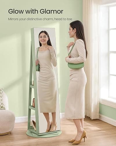 SONGMICS 6 LEDs Lockable Mirror Jewelry Cabinet, 360° Swivel Jewelry Organizer Armoire Standing, Frameless Full-Length Mirror, 3 Storage Shelves, Laurel Green Surface, Cream White Lining UJJC007C01 thumbnail 3