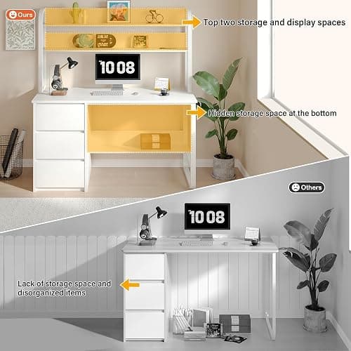 MaverickFurni White Desk with Hutch, 60 Inch Computer Desk with 3 Drawers for Bedroom, Study Writing Desk with Shelves for Small Places, Adjustable Feet thumbnail 6