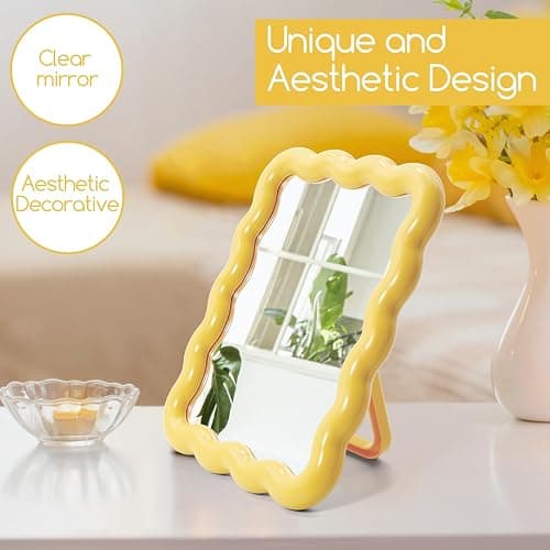 Philbinden Cute Wave-Shaped Desk Vanity Makeup Mirror, Portable Folding Travel Make Up Mirror for Standing/Hanging, Home Decorations Mirror for Women Girls (1, Yellow) thumbnail 4