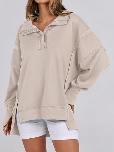 ANRABESS Women's Sweatshirts Oversized Casual Loose Button Up Henley Pullover Top High Low Split 2025 Fall Fashion Outfits thumbnail 2