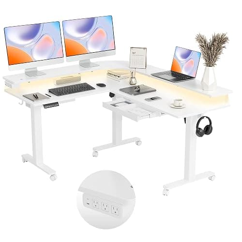Claiks 63" L Shaped Standing Desk with Drawers and LED Lights, Height Adjustable Electric Corner Standing Desk with Monitor Stand & Power Outlet, 4 Memory Preset, White - Image 1