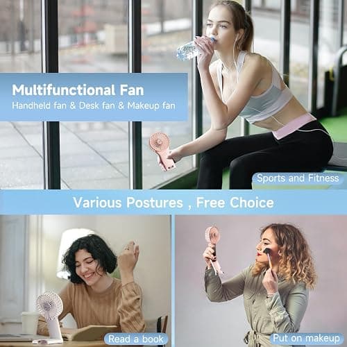 QQT Mini Handheld Fan,4 Speed Adjustable Portable Battery Operated Fans,USB Rechargeable Desk Fan with Mirror,Max 20 Hrs Hand Fan For Travel Office Outdoor Women Men (Pink) - Pink thumbnail 2