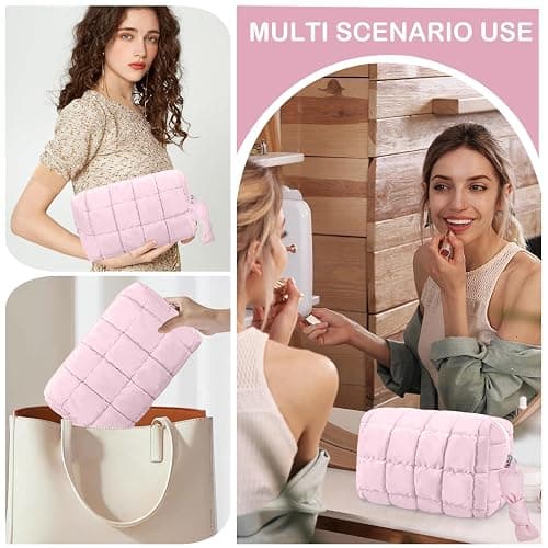 Gosect Puffy Quilted Makeup Bag, Cute Checkered Cosmetic Bags with Divider, Waterproof Travel Toiletry Bag, Make up Pouch for Women & Girls Travel Essentials (Bow, Pink, Medium) thumbnail 3
