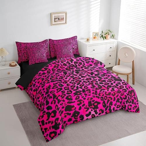 jejeloiu Kids Hot Pink Leopard 7 Piece Bedding Set Full Size Animal Print Comforter Set with Sheets for Boys Girls Teens Cheetah Bed in a Bag Breathable Soft Microfiber Women Men Safari Bedroom Decor thumbnail 2
