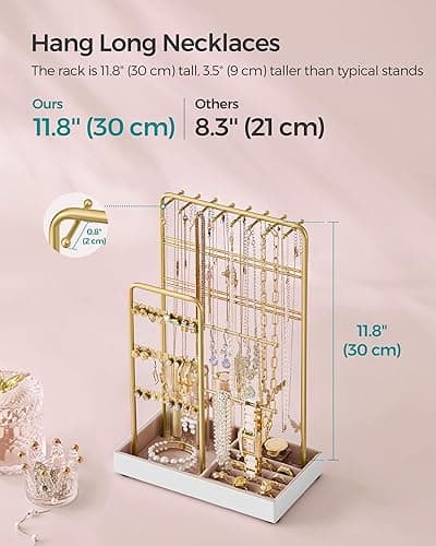 SONGMICS Jewelry Holder, Jewelry Organizer, Jewelry Display Stand with Metal Frame, Velvet Tray, Necklace Earring Bracelet Holder, for Studs, Rings, Gift Idea, Pale Gold UJJS021A01 thumbnail 8